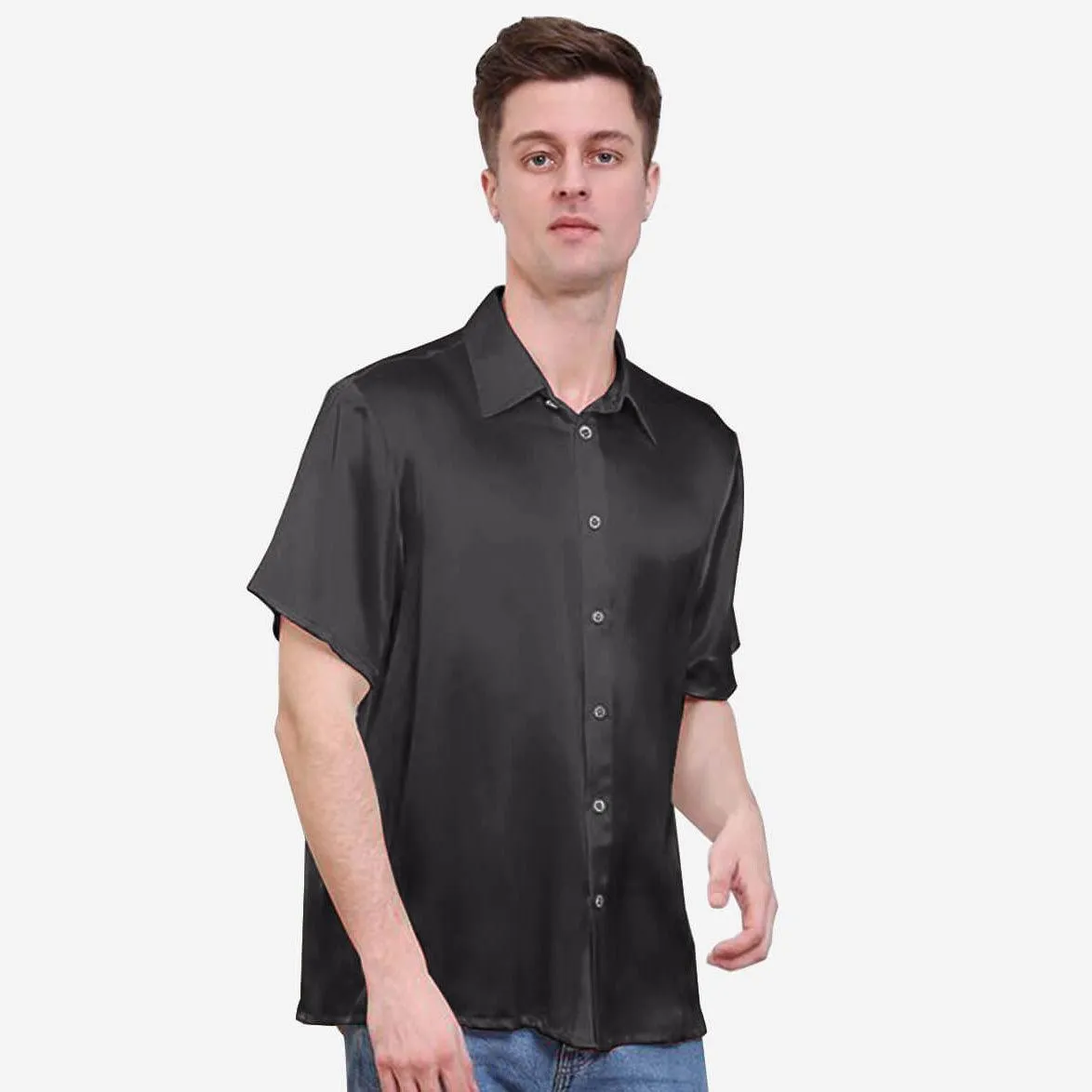 22MM Luxury Short-Sleeves Silk Shirts For Men Pure Color Silk Top