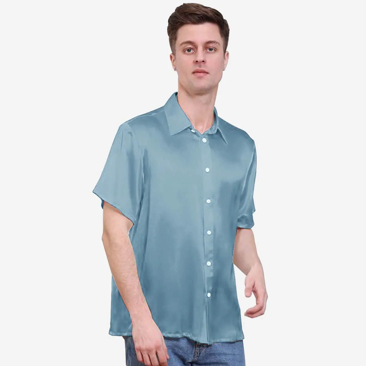 22MM Luxury Short-Sleeves Silk Shirts For Men Pure Color Silk Top