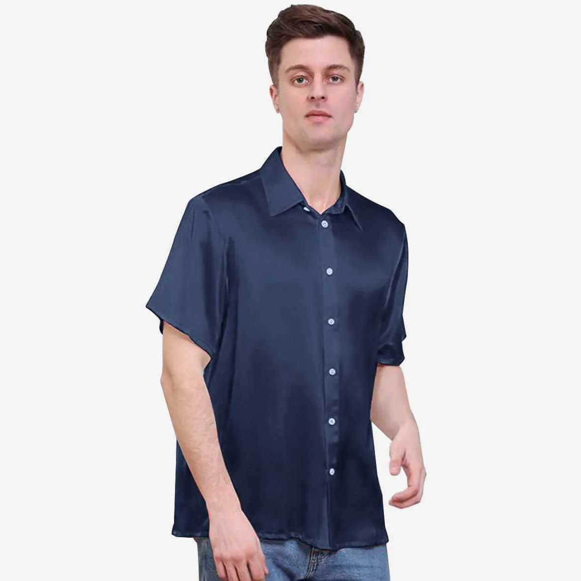 22MM Luxury Short-Sleeves Silk Shirts For Men Pure Color Silk Top