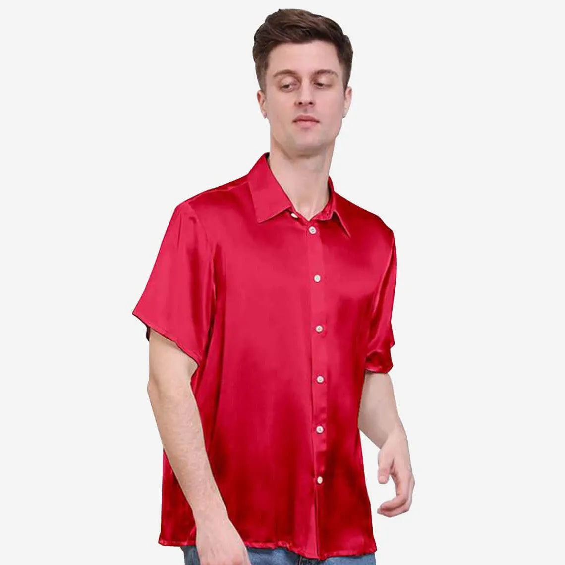 22MM Luxury Short-Sleeves Silk Shirts For Men Pure Color Silk Top