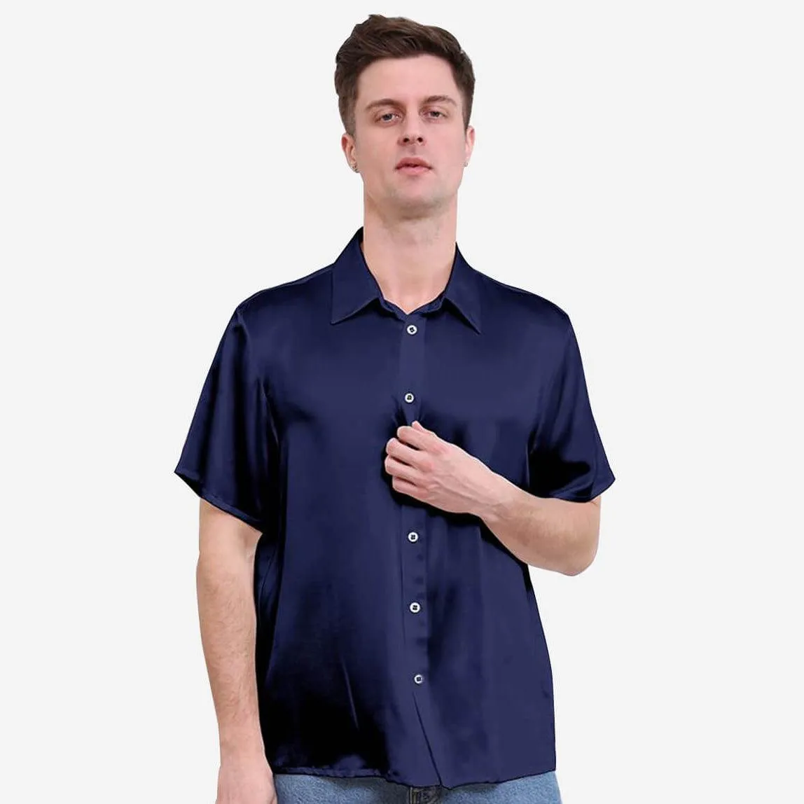 22MM Luxury Short-Sleeves Silk Shirts For Men Pure Color Silk Top