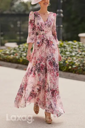 23005 - A-Line V-Neck Quarter Sleeves Printed Chiffon Mother of the Bride Dress