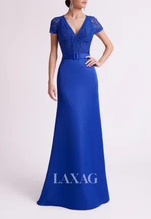 23114 - V-Neck Short Sleeves Lace Sleek Satin Cocktail Party Formal Evening Dress