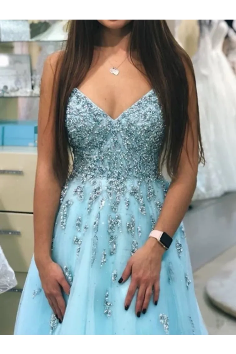 A-Line V-Neck Beaded Prom Dresses Floor Length Prom Gowns