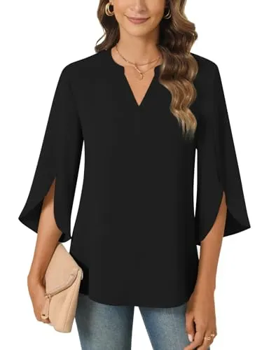 Anyally Women's Chiffon Blouses 3/4 Sleeve Summer Dressy Tunic Tops Casual Loose V Neck T-Shirts,M,Black