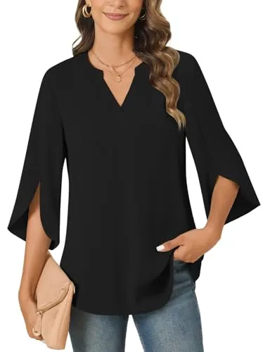 Anyally Women's Chiffon Blouses 3/4 Sleeve Summer Dressy Tunic Tops Casual Loose V Neck T-Shirts,M,Black