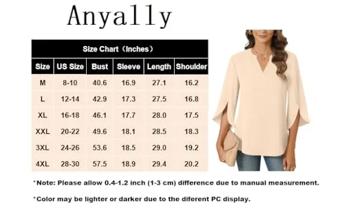 Anyally Women's Chiffon Blouses 3/4 Sleeve Summer Dressy Tunic Tops Casual Loose V Neck T-Shirts,M,Black