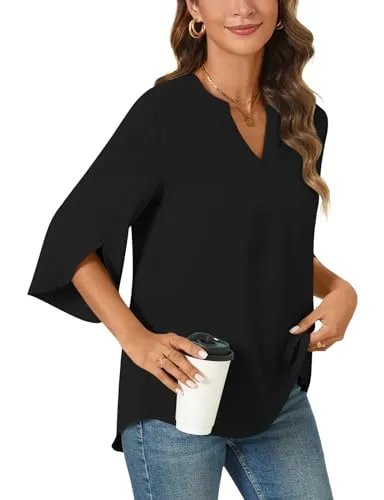 Anyally Women's Chiffon Blouses 3/4 Sleeve Summer Dressy Tunic Tops Casual Loose V Neck T-Shirts,M,Black