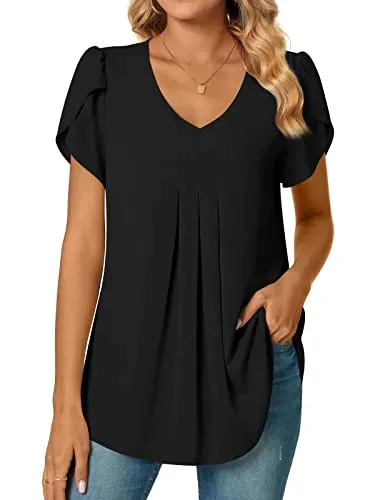 Bestbee Women's Dressy Chiffon Blouses V Neck Petal Short Sleeve Shirts 2024 Summer Tops Pleated Tunic Casual T-Shirts, L, Navy Blue