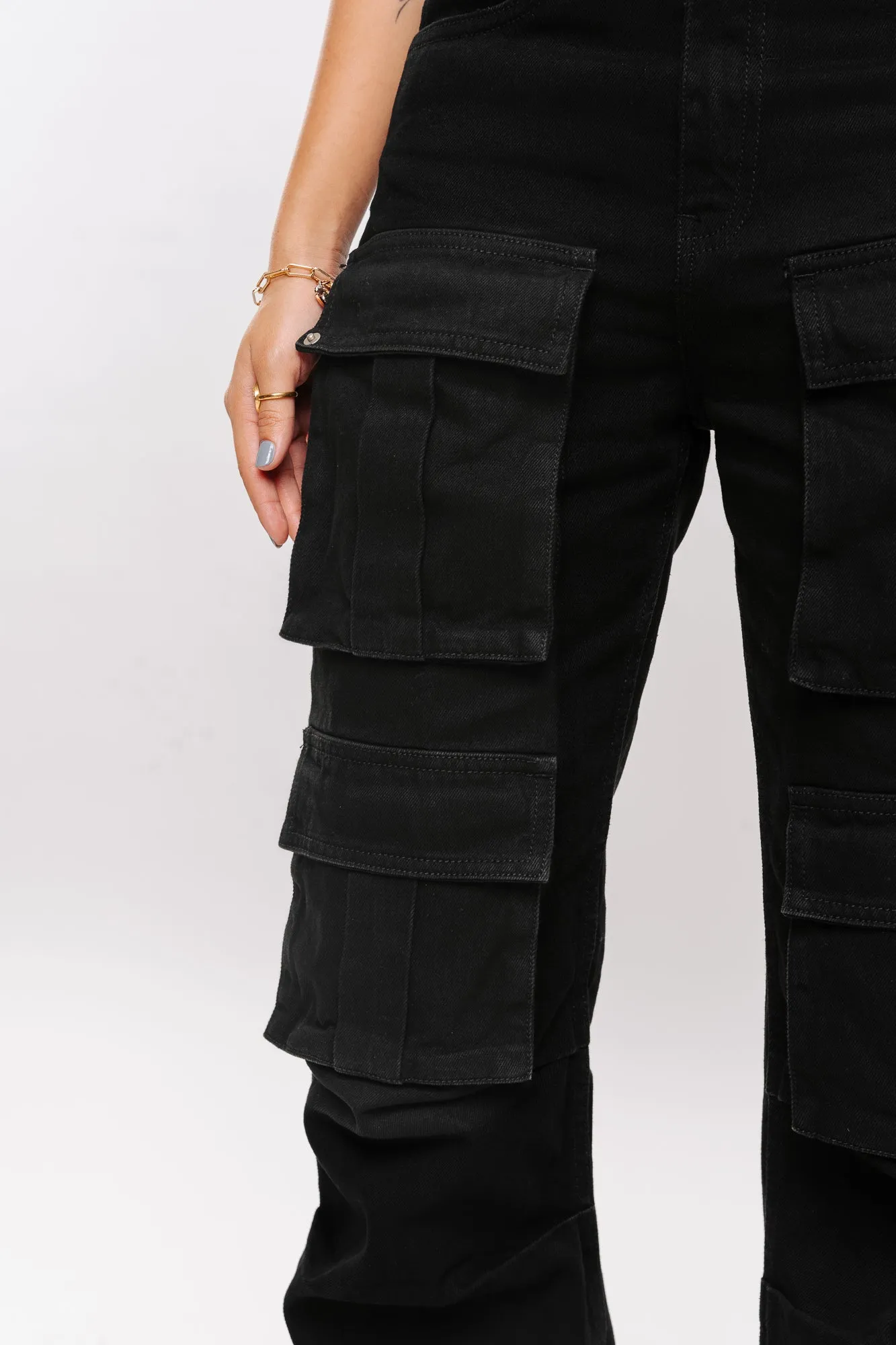 Black Front Pocketed Denim Cargo