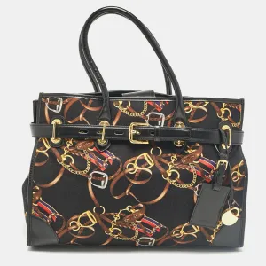 Black/Multicolor Equestrian Print Canvas Belt Shopper Tote