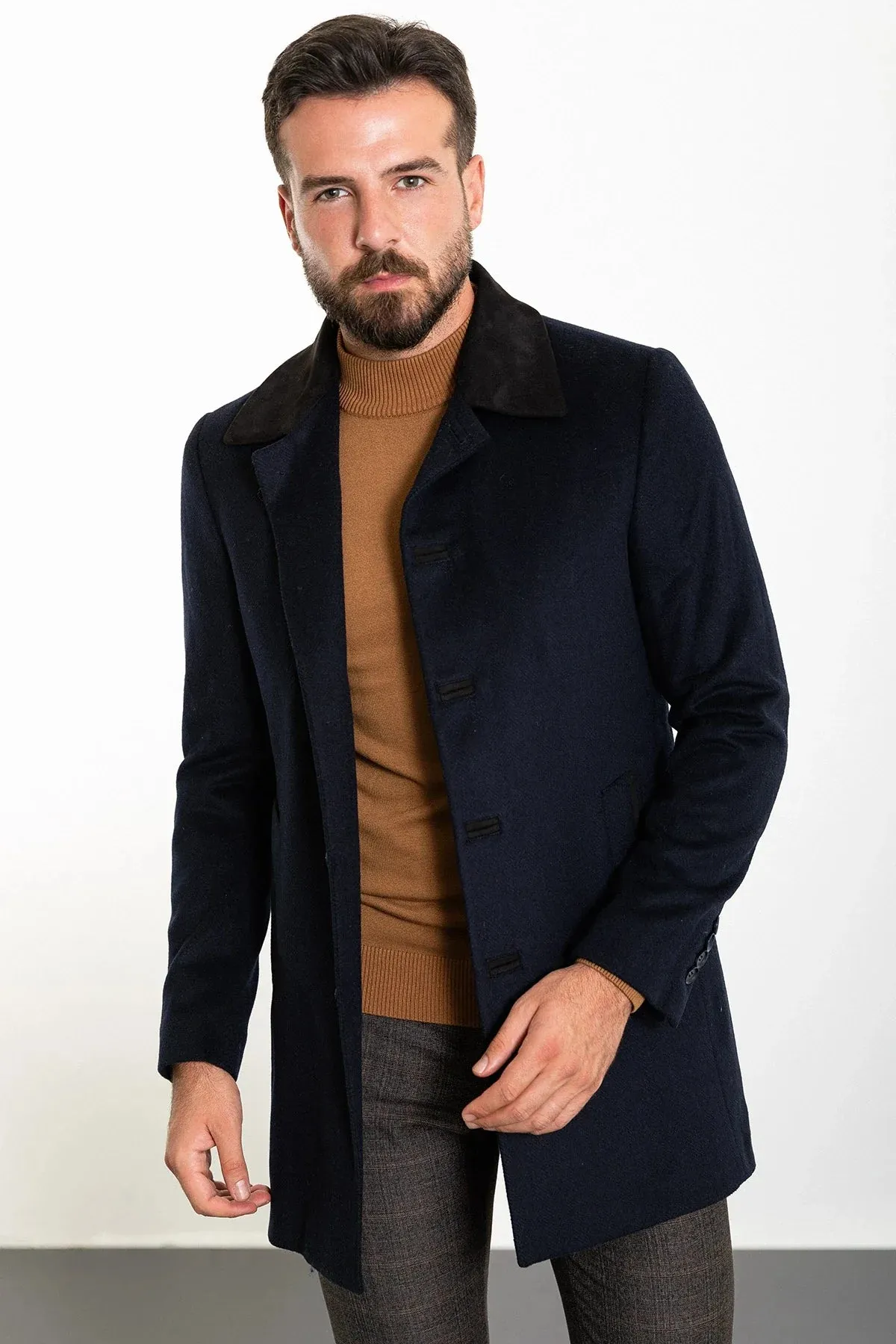 Brabion Eden Patterned Slim Fit Navy Blue Coat