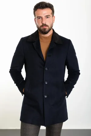 Brabion Eden Patterned Slim Fit Navy Blue Coat