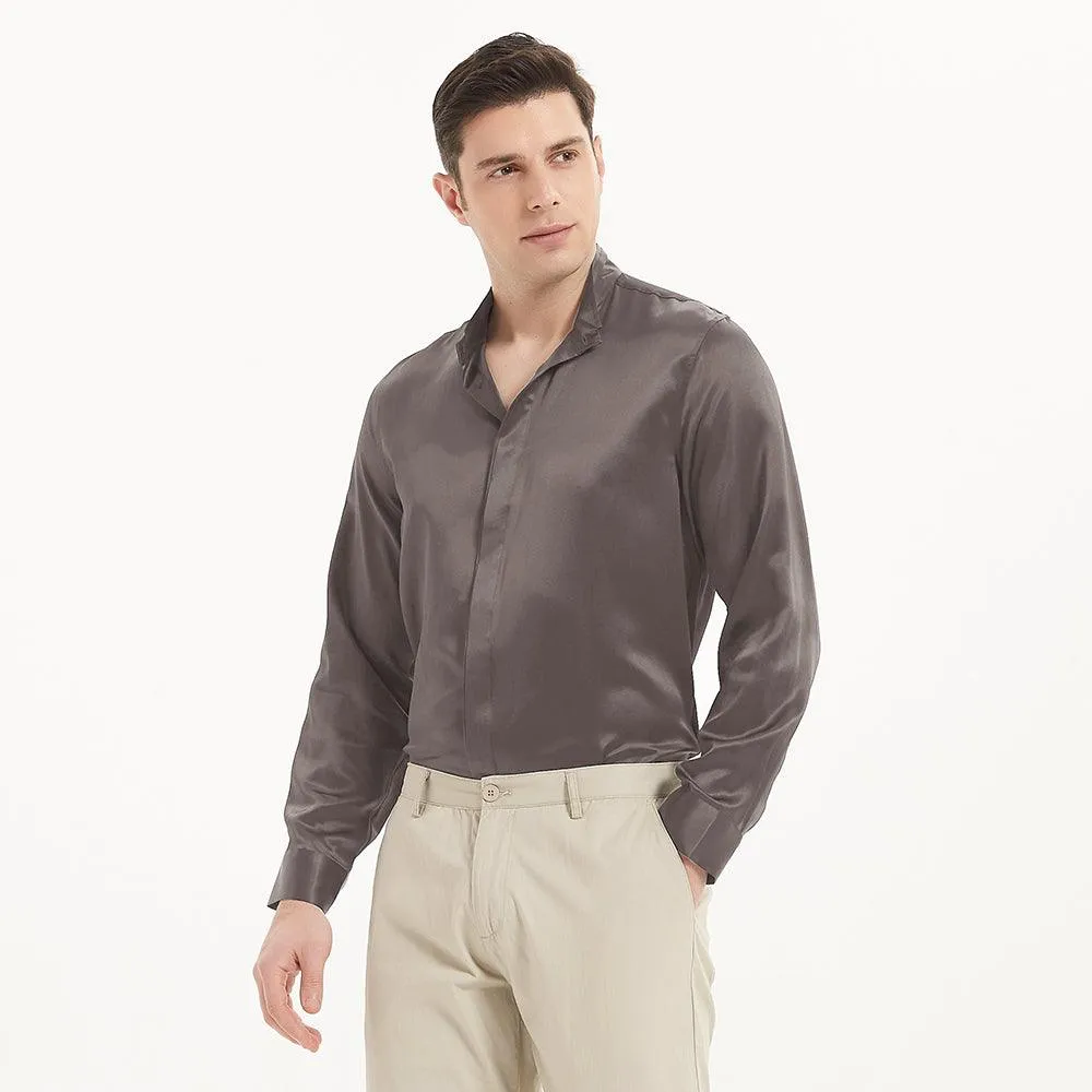 Classic Long Sleeves Silk Shirts For Mens Stand Collar Hidden Button Silk Top