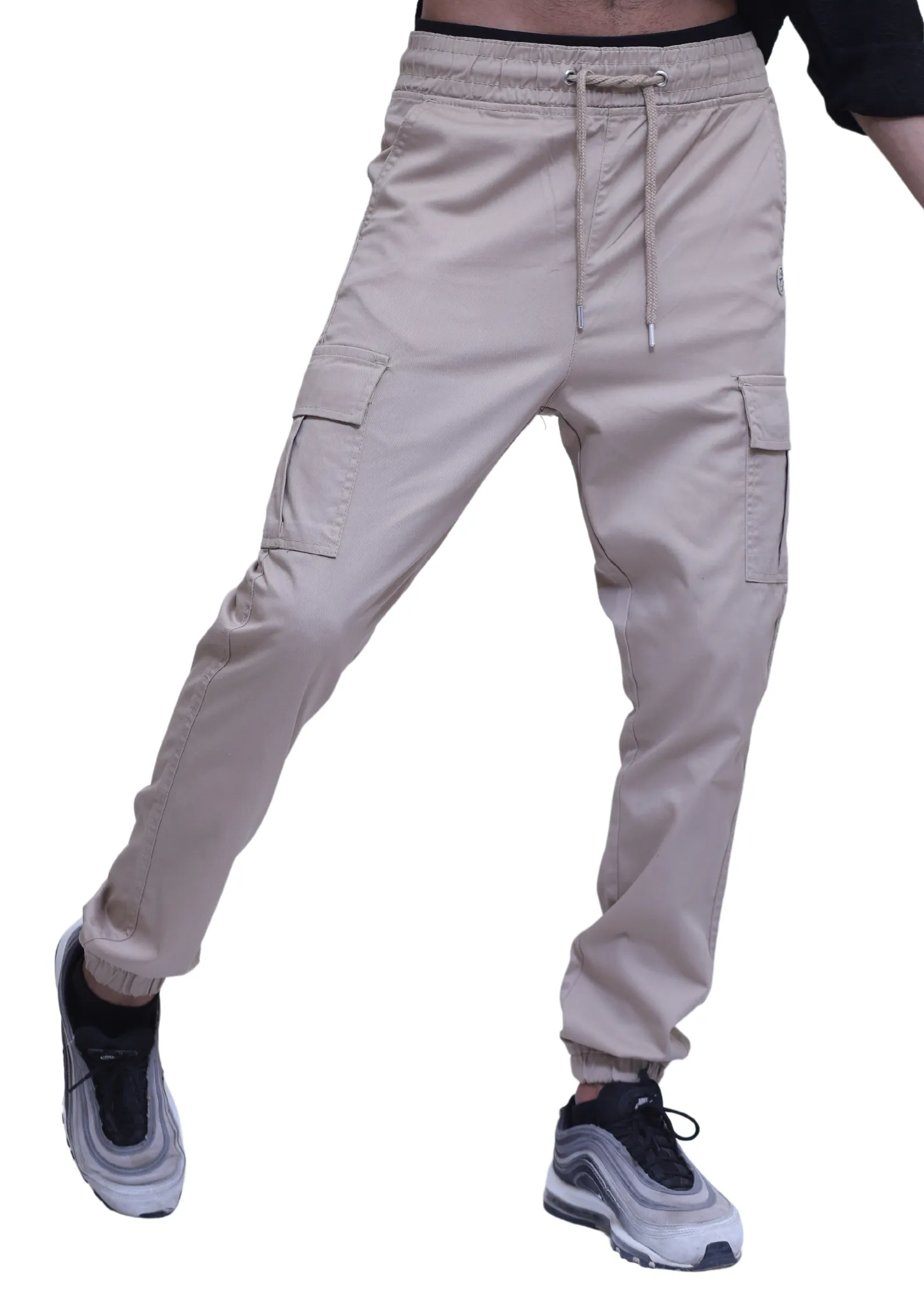 Elasticated Waist Cuffed Cargo Pants in Stone