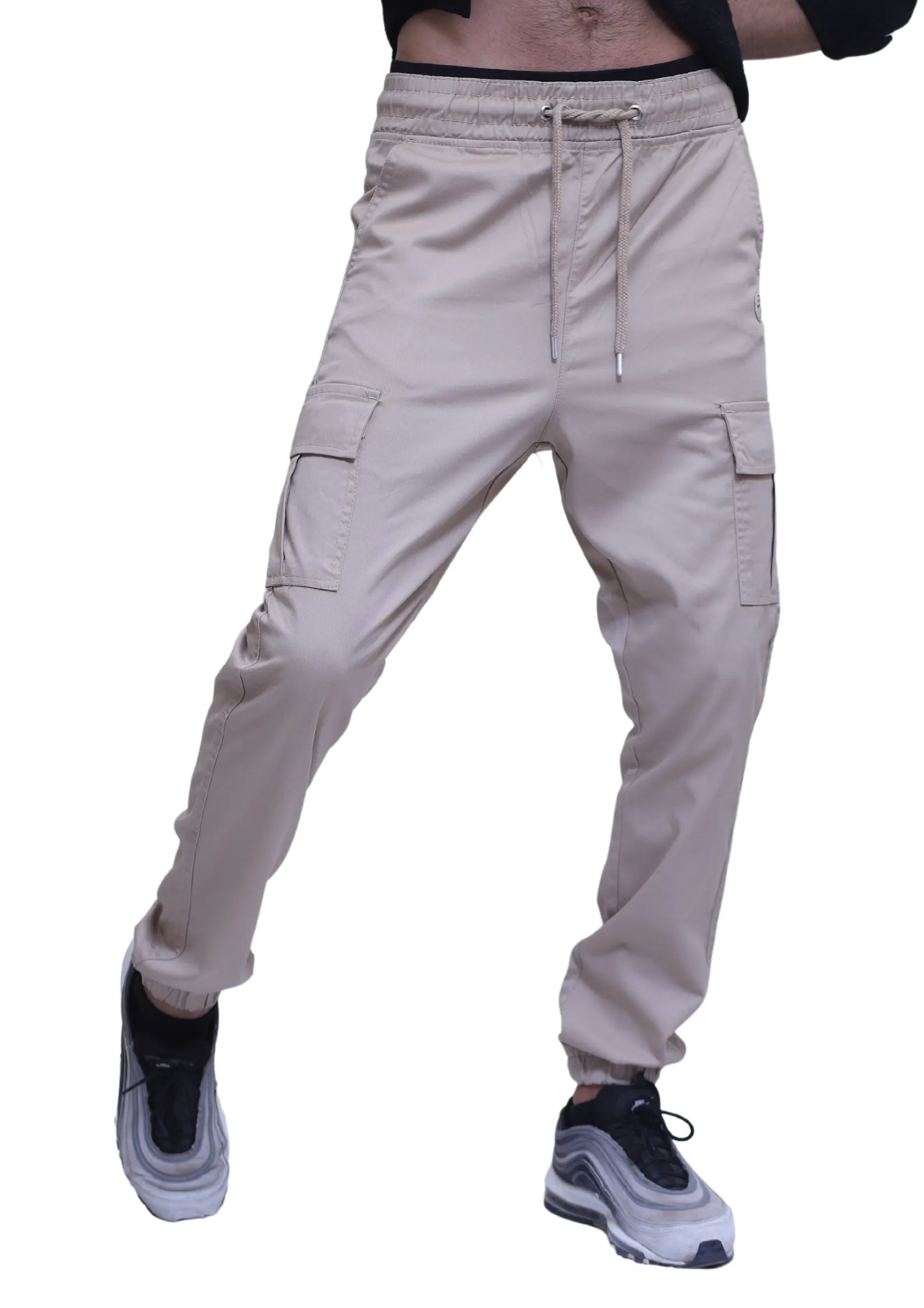 Elasticated Waist Cuffed Cargo Pants in Stone