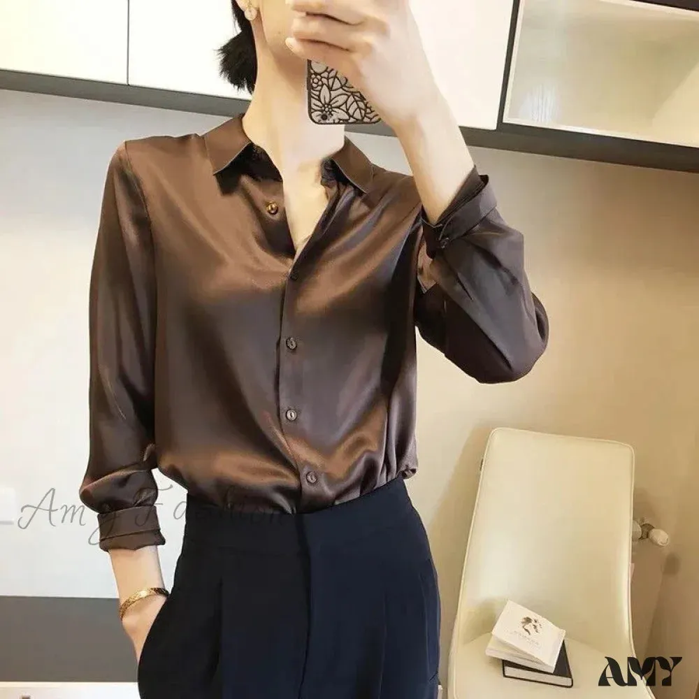 Elegant Luxury Vintage Solid Satin Silk Trend Top Blouse