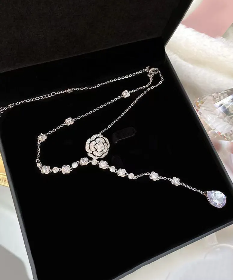 Fashion Silk Sterling Silver Zircon Rose Tassel Pendant Necklace KX1034