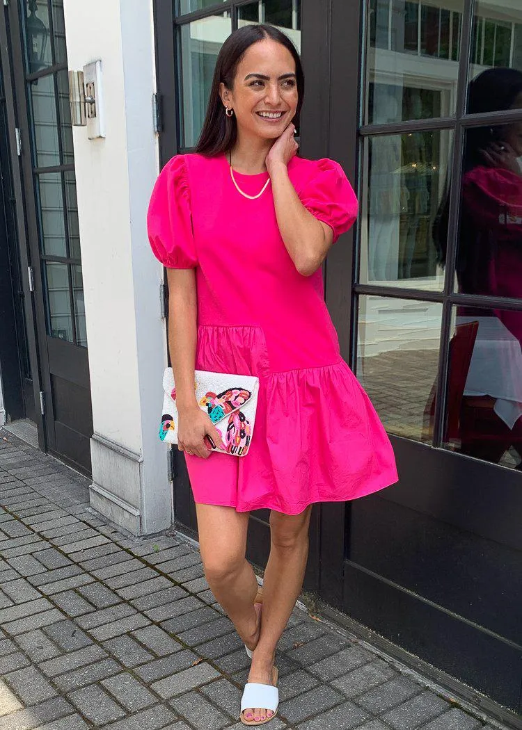 Frances Puff Sleeve Poplin Dress-Fuschia