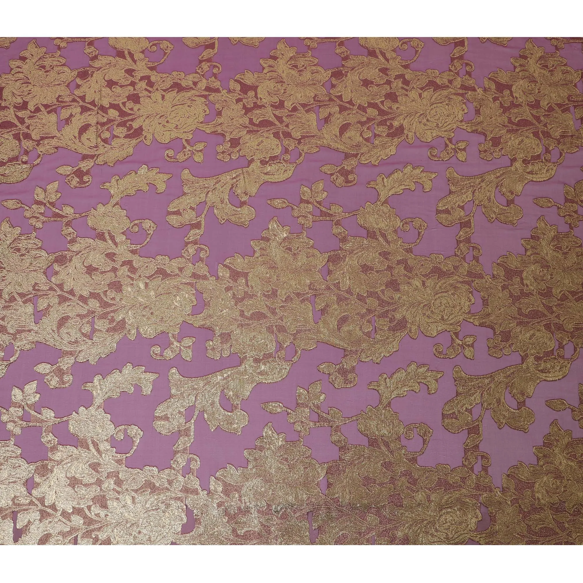 French Silk Chiffon (Fransawi) Fabric with Metallic Gold and Pink Lurex Floral Design, 140 cm Width-D19747