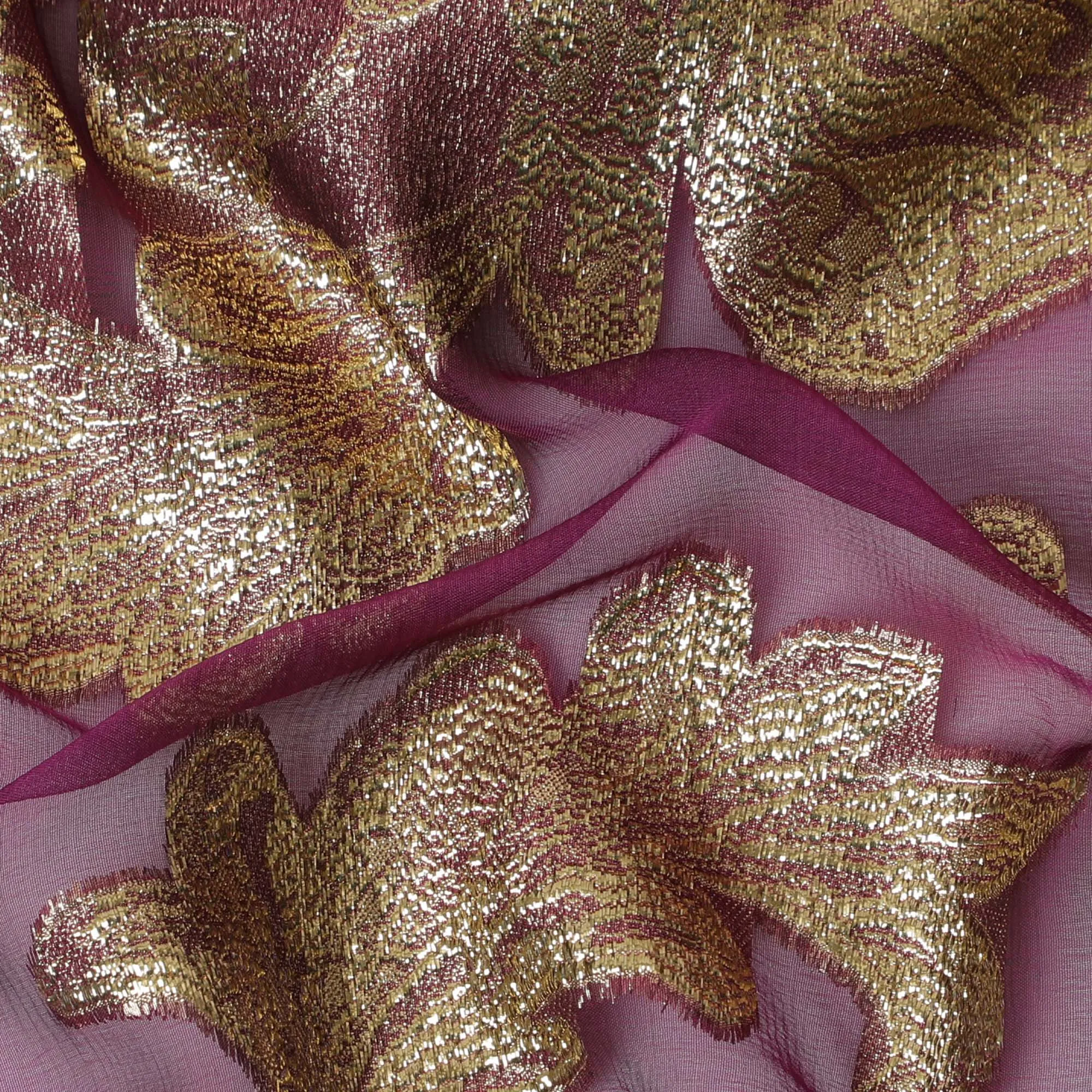 French Silk Chiffon (Fransawi) Fabric with Metallic Gold and Pink Lurex Floral Design, 140 cm Width-D19747