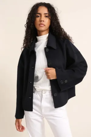 Handmade Oversized Cropped Wool Coat   Navy Blue