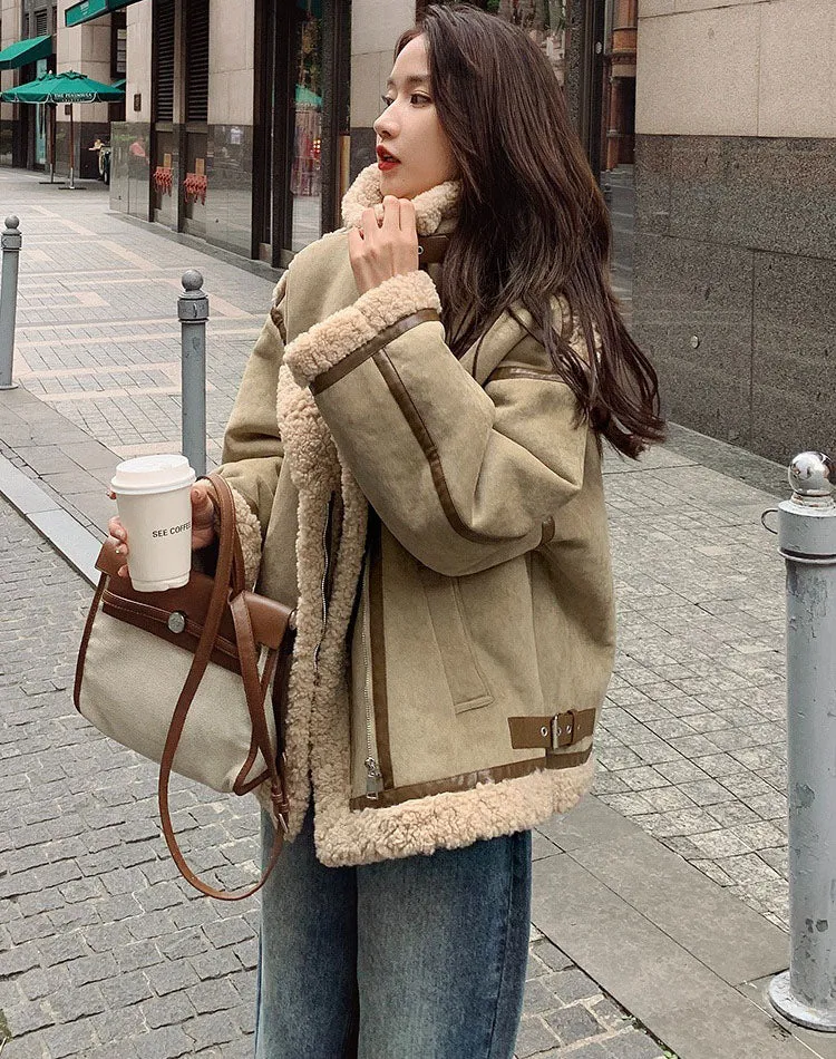 Lamb Wool Cotton Fur One-Piece Short Winter Suede Women's Coat