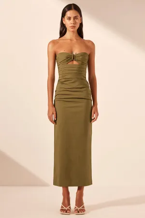 Lani Strapless Gathered Midi Dress in Army Green