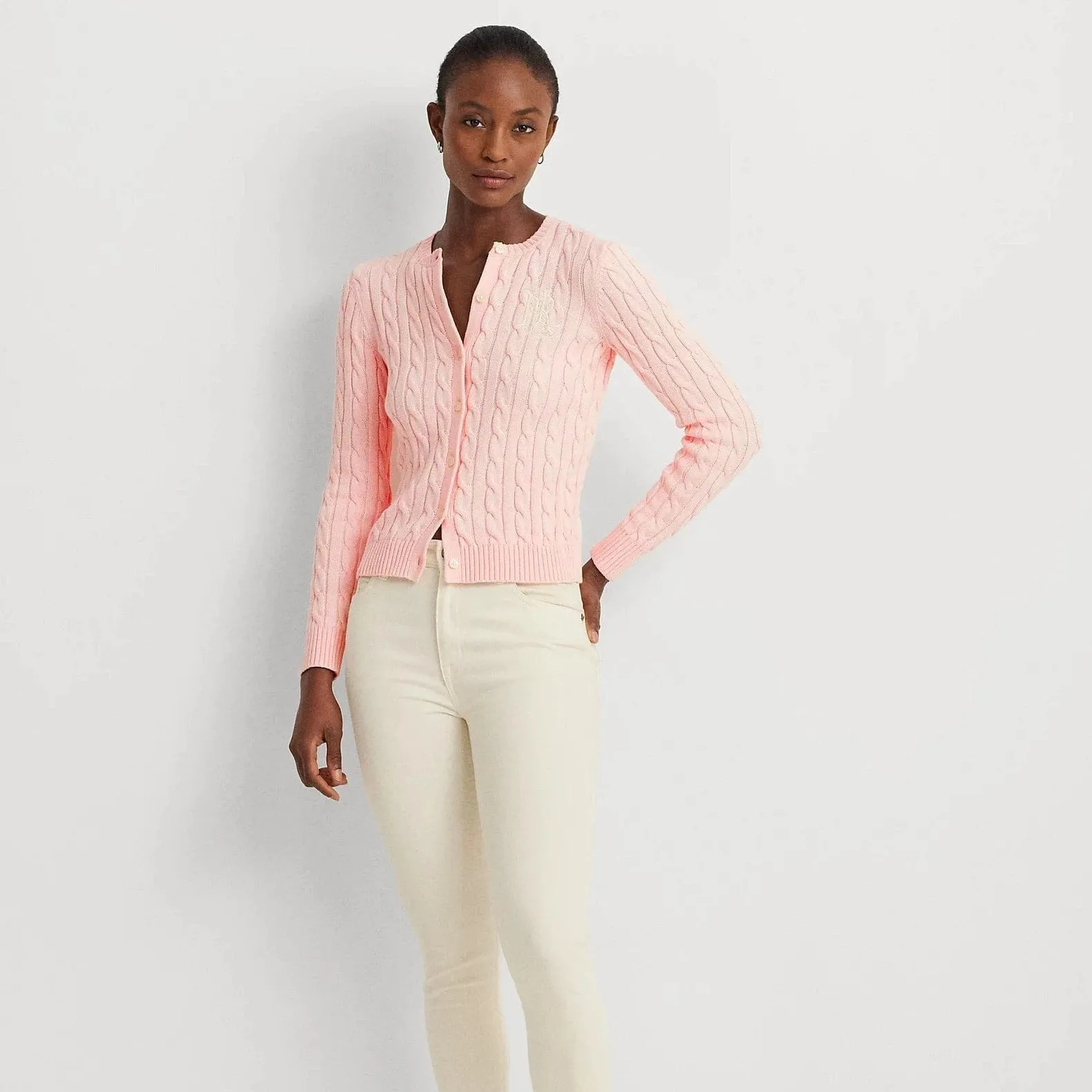 Lauren Ralph Lauren Cable-Knit Cotton Cardigan in Pink Opal