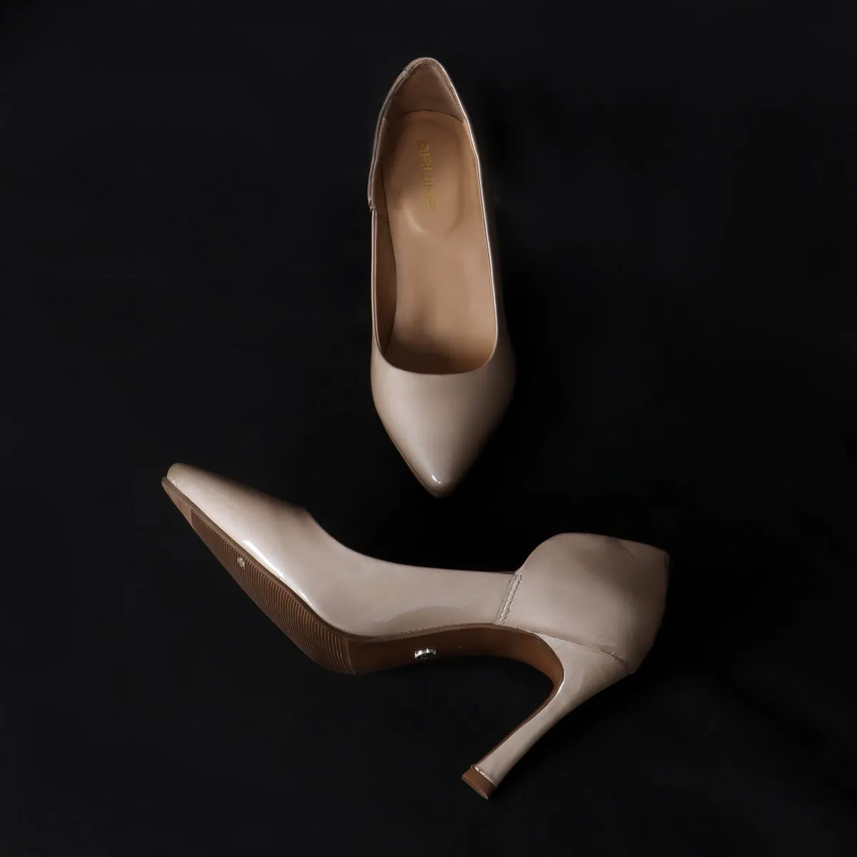 Luxurious Patent Leather Pointed Toe Ladies Formal Beige Stiletto Pencil Heel By Brune & Bareskin