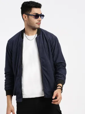 Men Navy Blue Solid Bomber Jacket