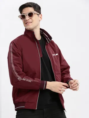 Men Solid Mock Collar Maroon Bomber Jacket