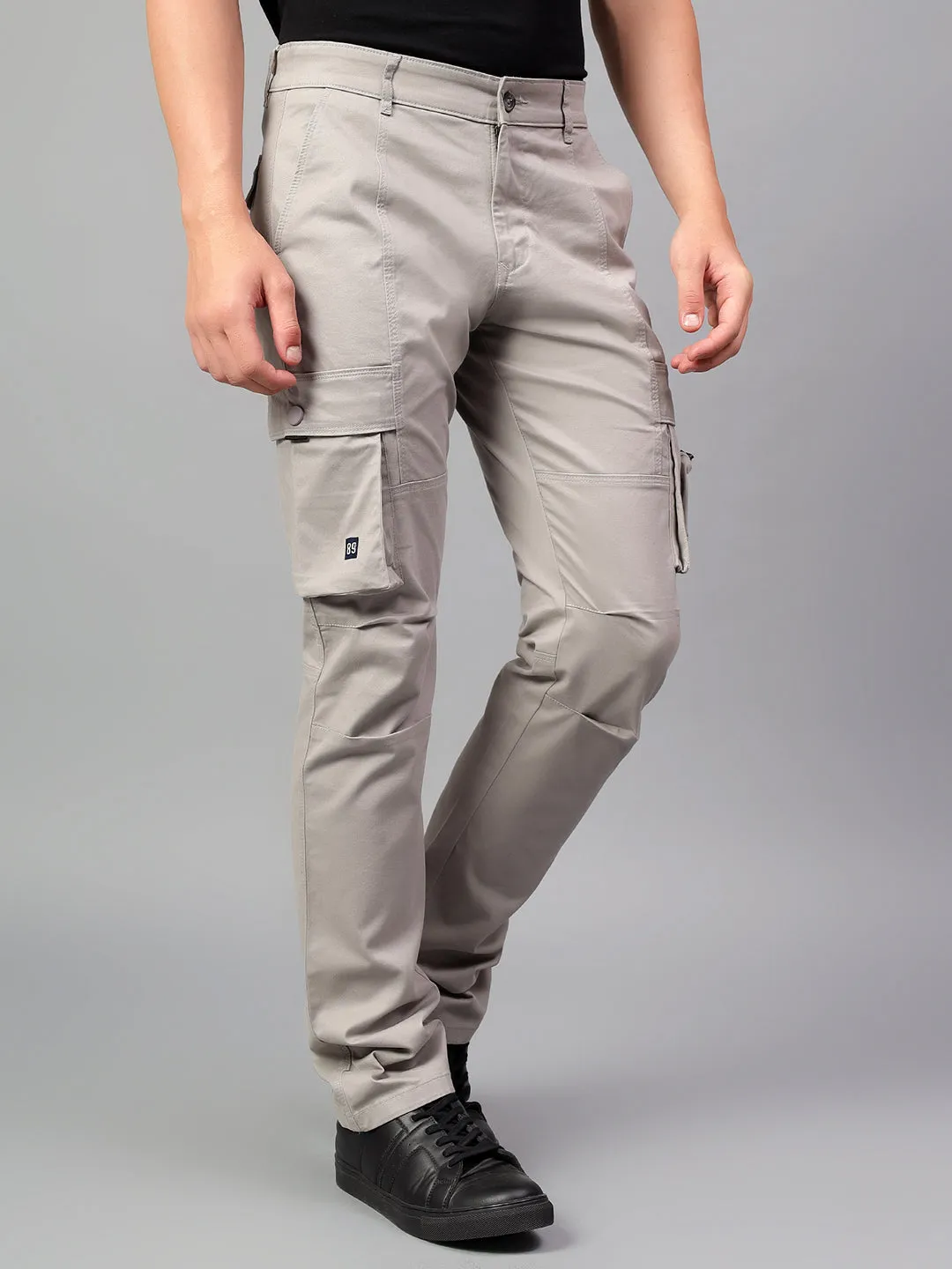 Men's Light Grey Solid Full Length Cargo