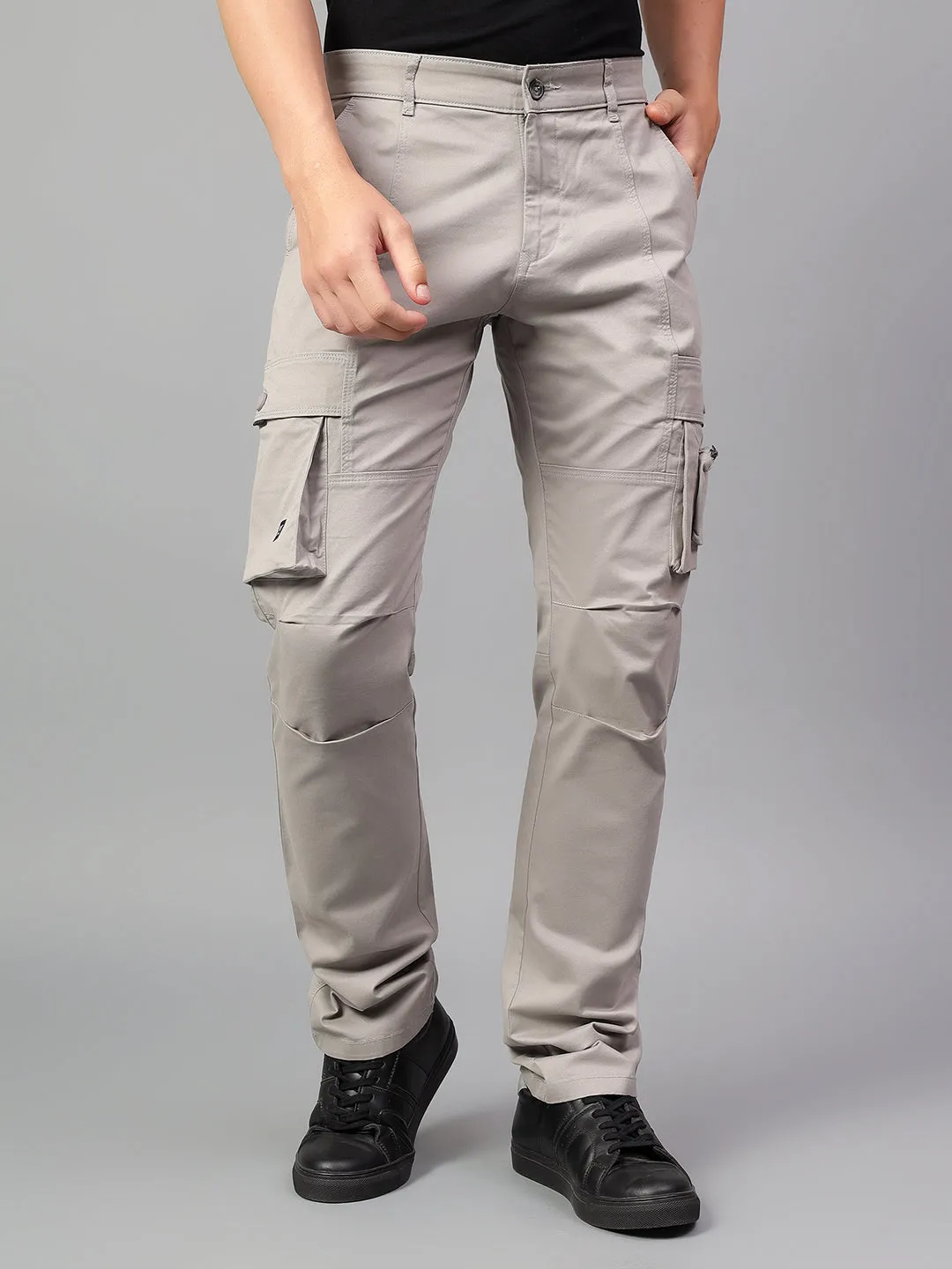 Men's Light Grey Solid Full Length Cargo