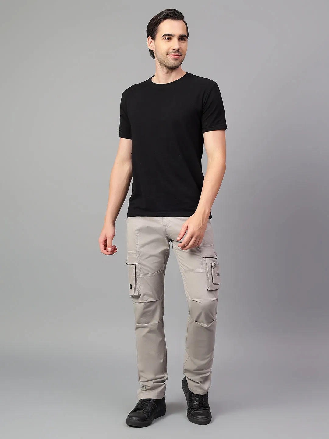 Men's Light Grey Solid Full Length Cargo