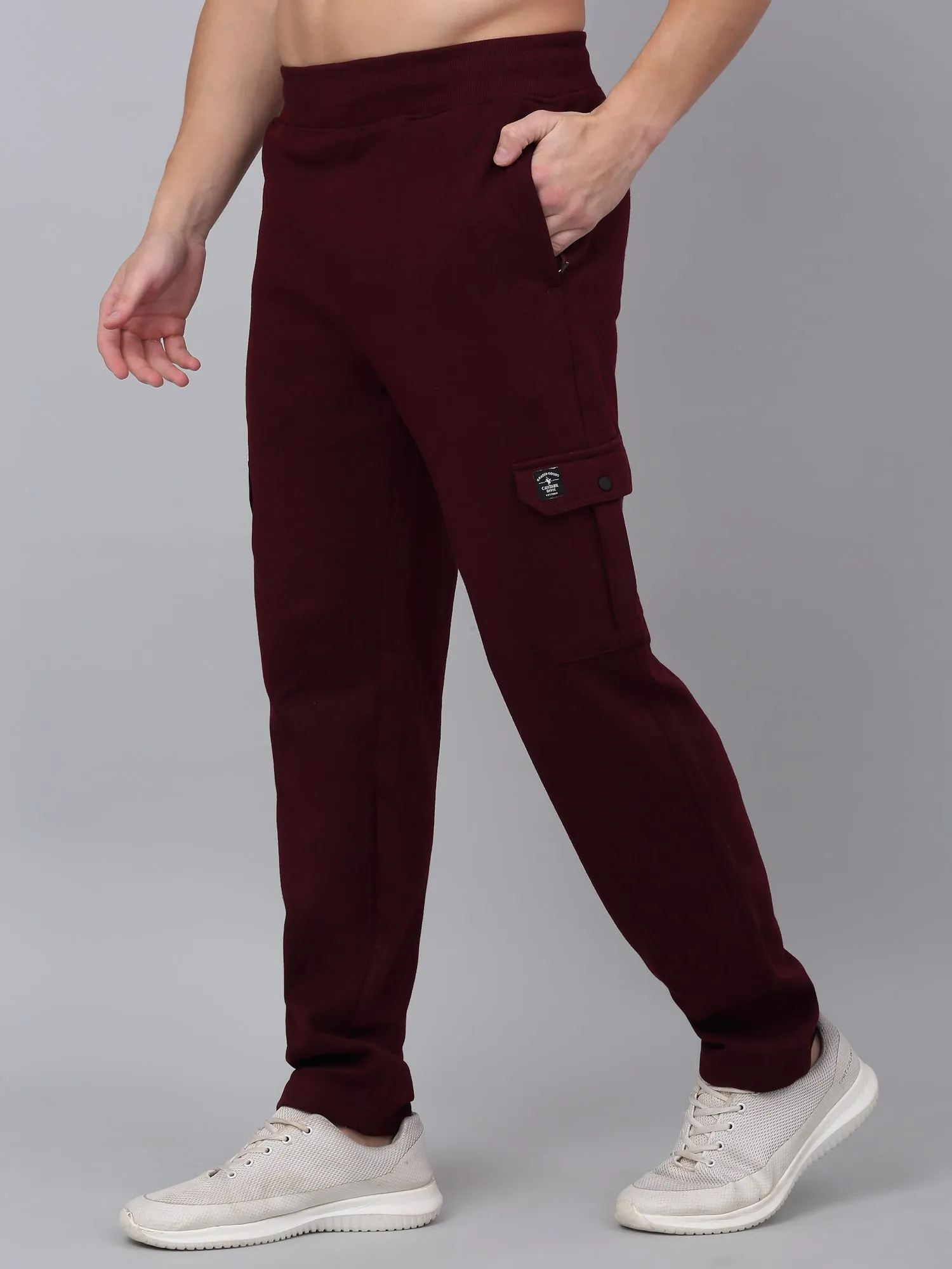 Men's Maroon Solid Full Length Cargo