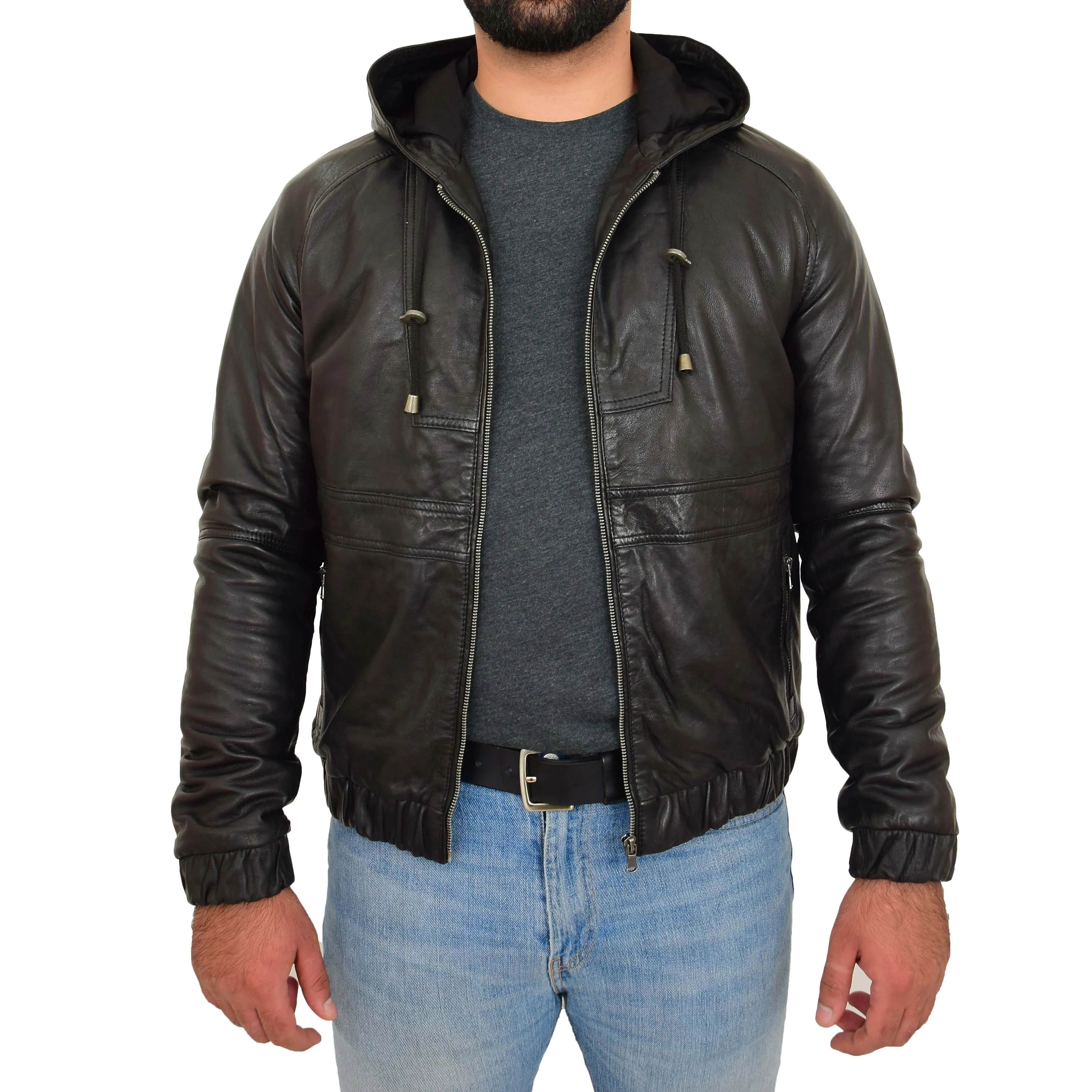 Mens Real Black Leather Bomber Hooded Jacket Coat Kent