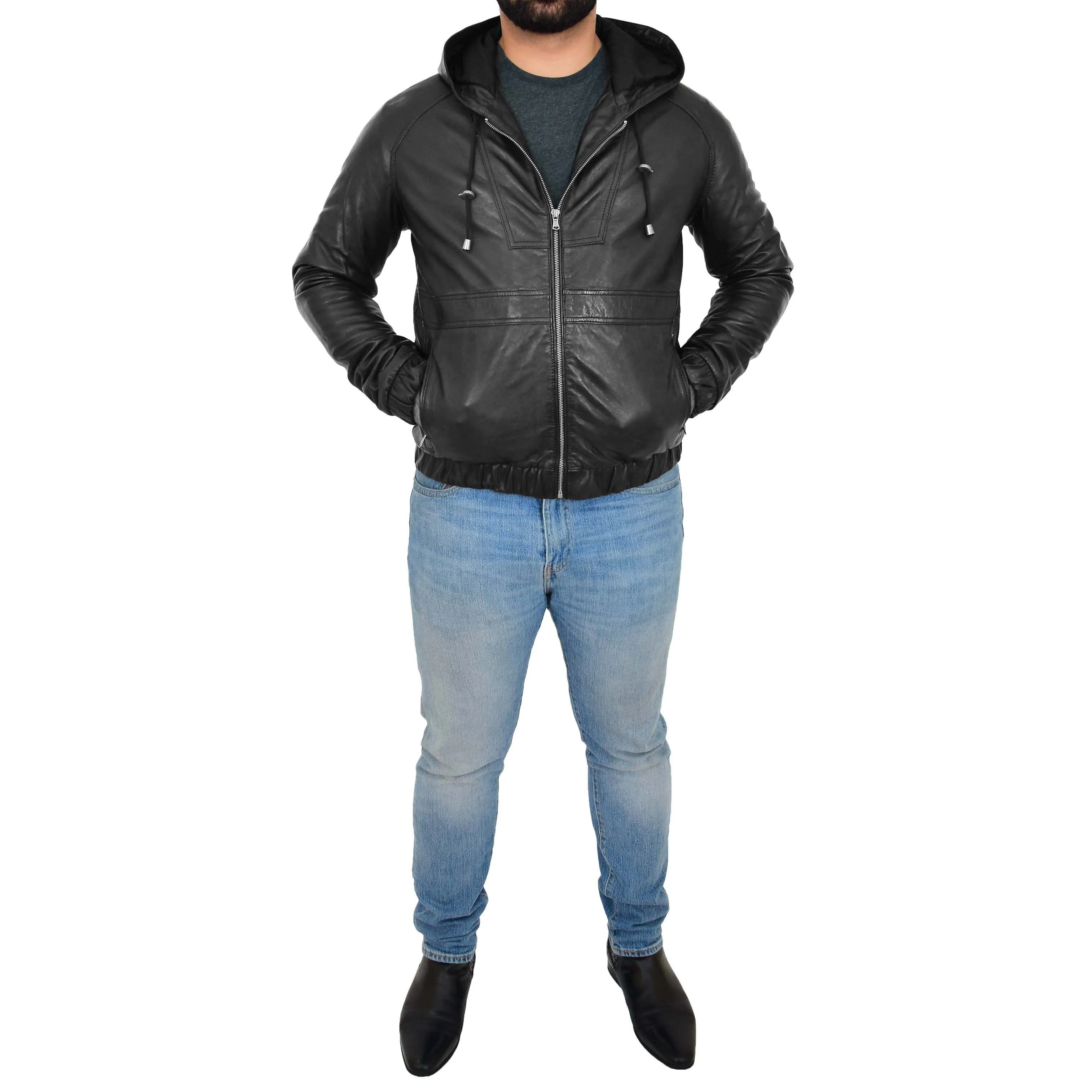 Mens Real Black Leather Bomber Hooded Jacket Coat Kent