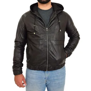 Mens Real Black Leather Bomber Hooded Jacket Coat Kent