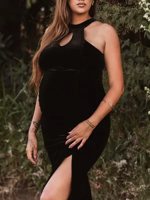 Momnfancy Black Cut Out Side Slit Bodycon Halter Neck Fashion Chic Photoshoot Baby Shower Maternity Maxi Dress