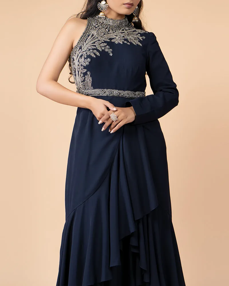 Navy Blue Gown with One Off-Shoulder Sleeve and Draped Hem