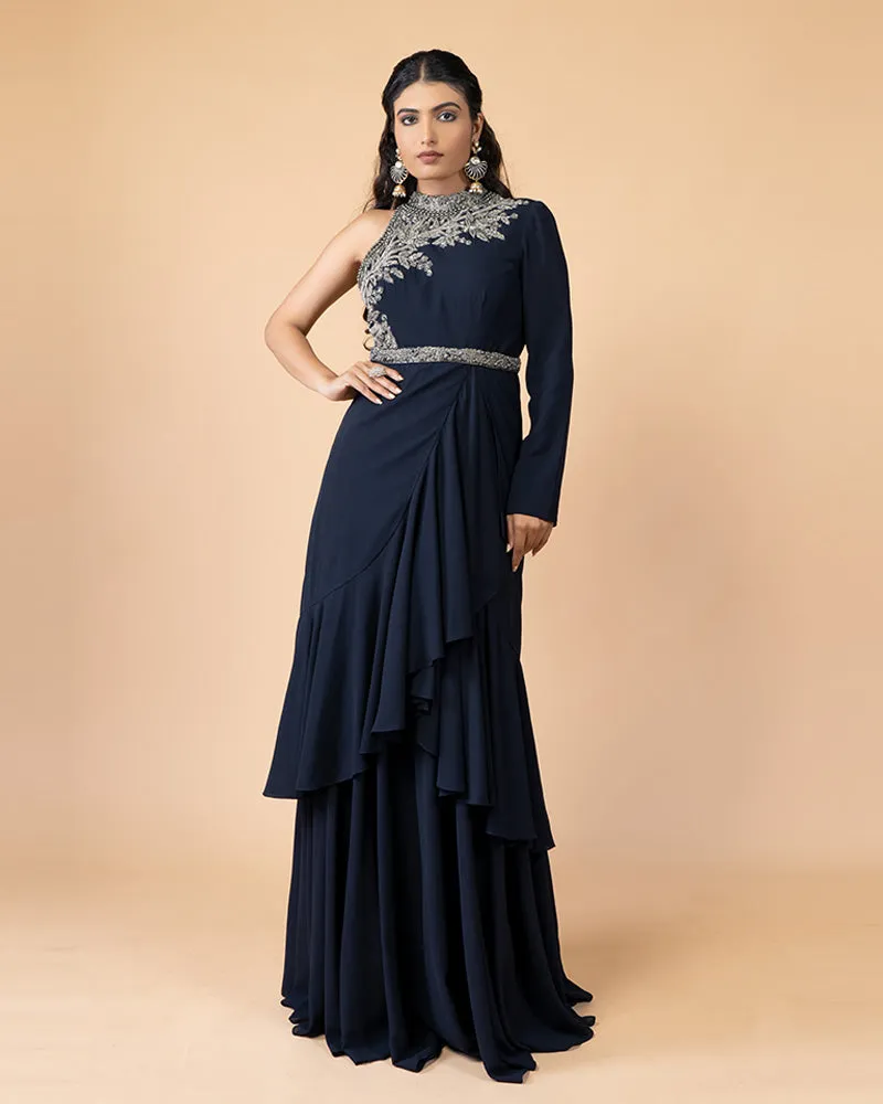 Navy Blue Gown with One Off-Shoulder Sleeve and Draped Hem