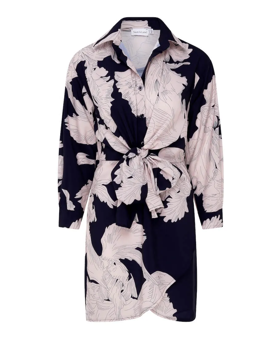 Navy Leaf Tie Front Shirt Dress