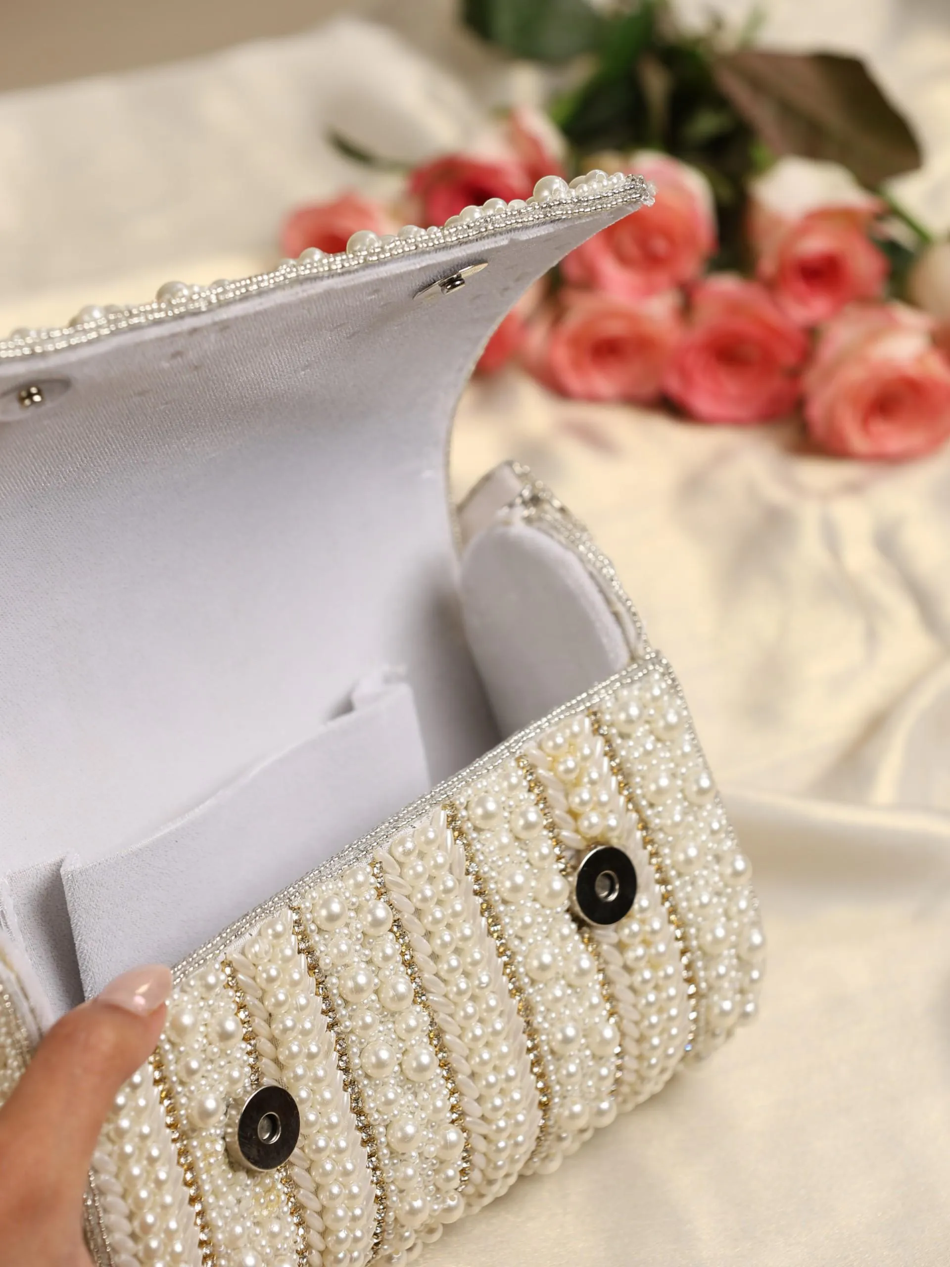 Pearl Silver Beaded Clutch Bag