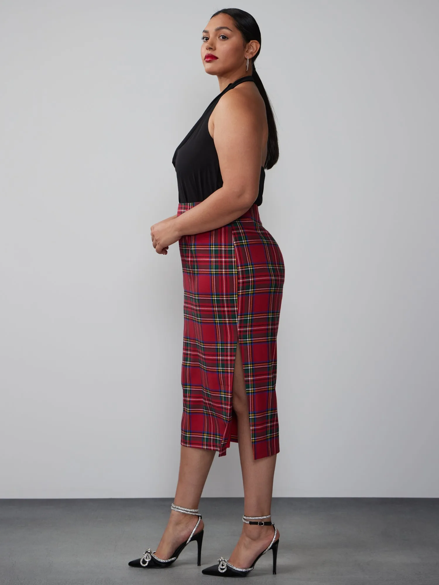 Plus Plaid Pencil Midi Skirt