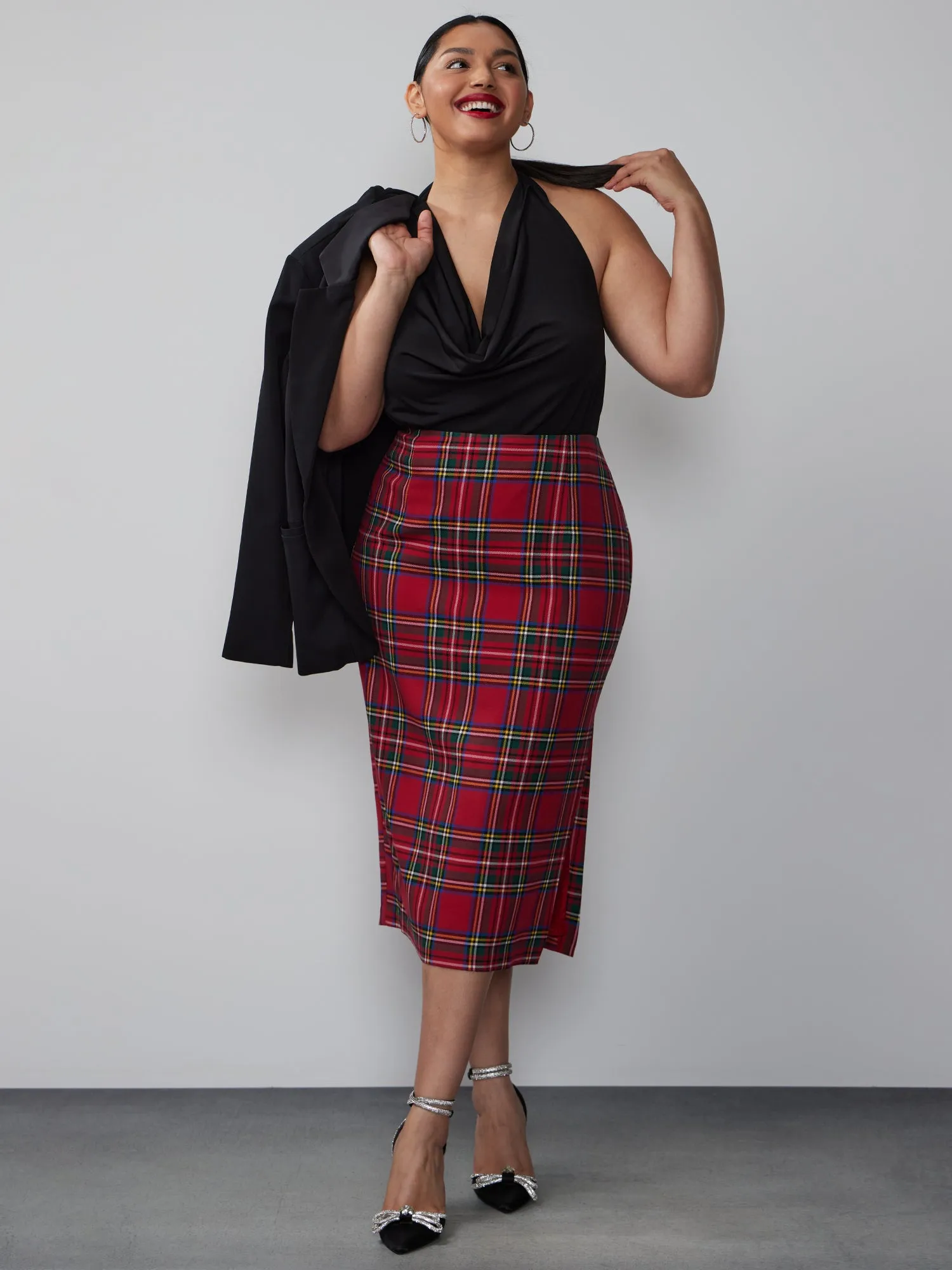 Plus Plaid Pencil Midi Skirt