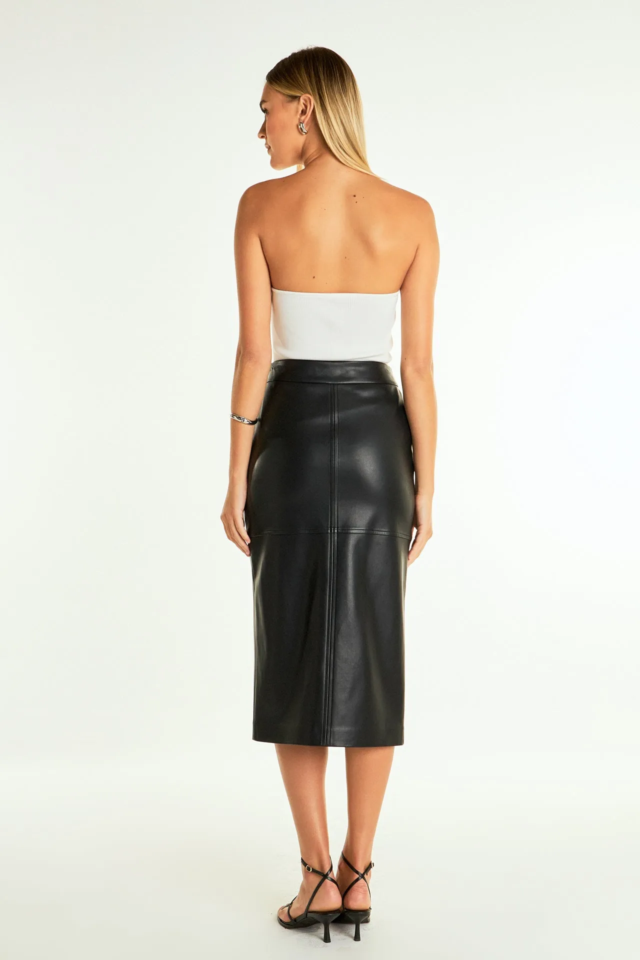 Pu Front Slit Midi Skirt