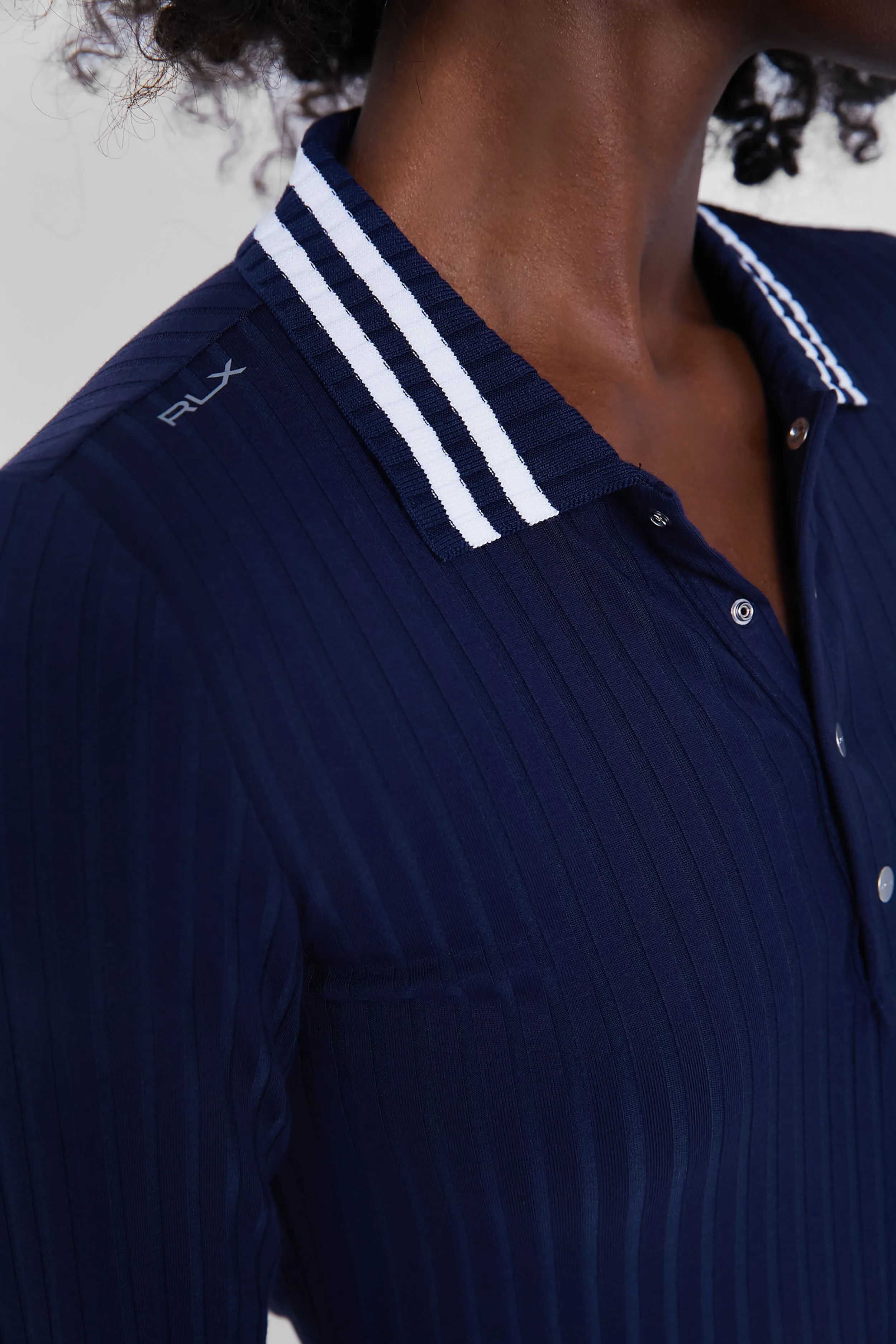 Refined Navy Long Sleeve Drop Needle Rib Knit Polo