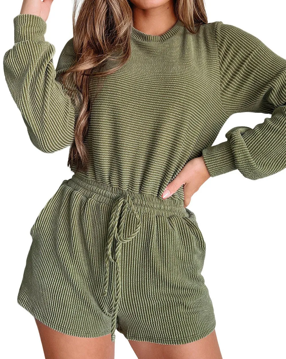 Ribbed Long Sleeve Romper w/Pockets