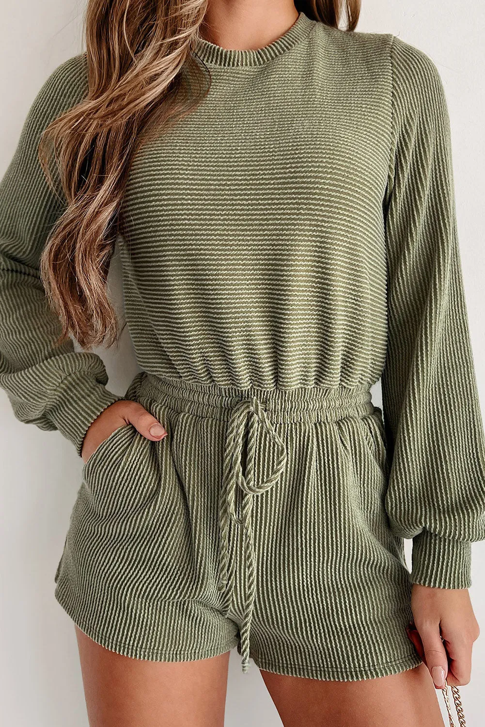 Ribbed Long Sleeve Romper w/Pockets